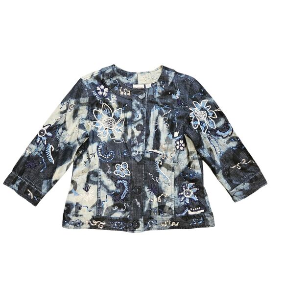Vtg Chicos Denim Jacket Womens 1/M Embroidered Floral Tie Dye Hippie Artsy Boho - Picture 1 of 8